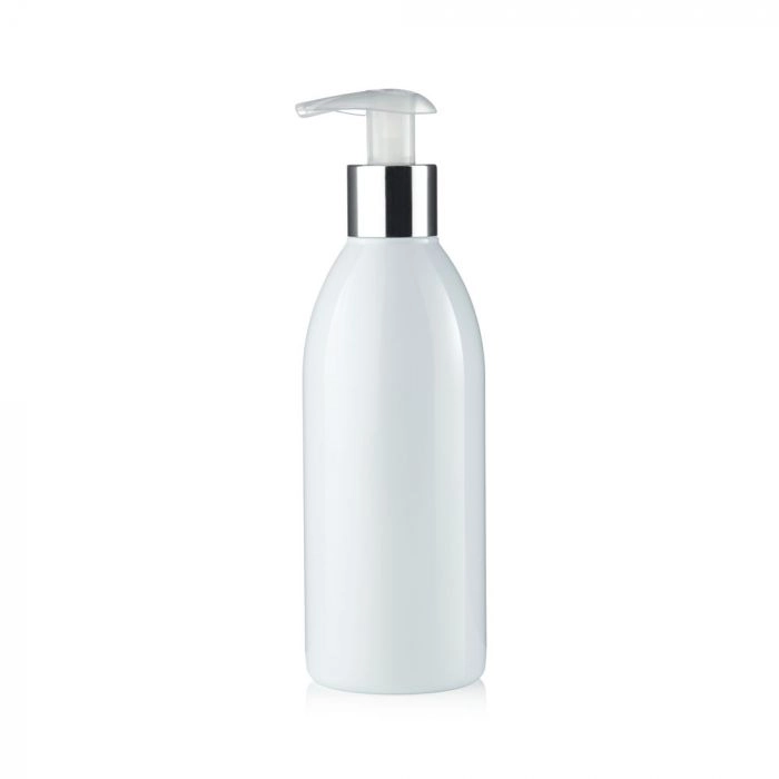 Spinnrad Weiße R-PET Flasche mit Silberrand und weißer Lotionpumpe, für Seifen, Cremes, Lotionen, Shampoos